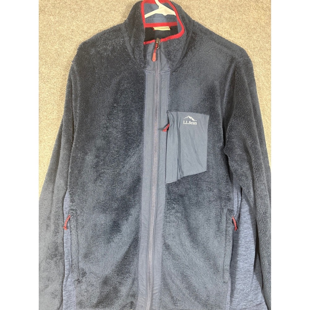 LL Bean Mens Hi-Pile Fleece Full Zip Jacket Navy Blue Red Trim 508266 Large